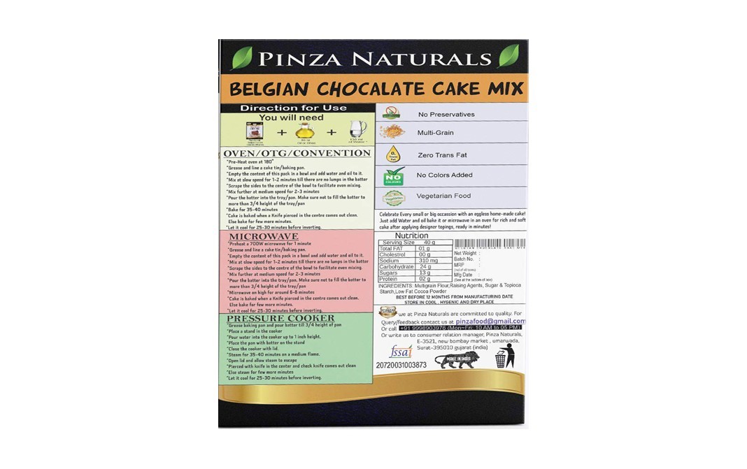 Pinza Naturals Belgian Chocolate Cake Mix    Box  300 grams